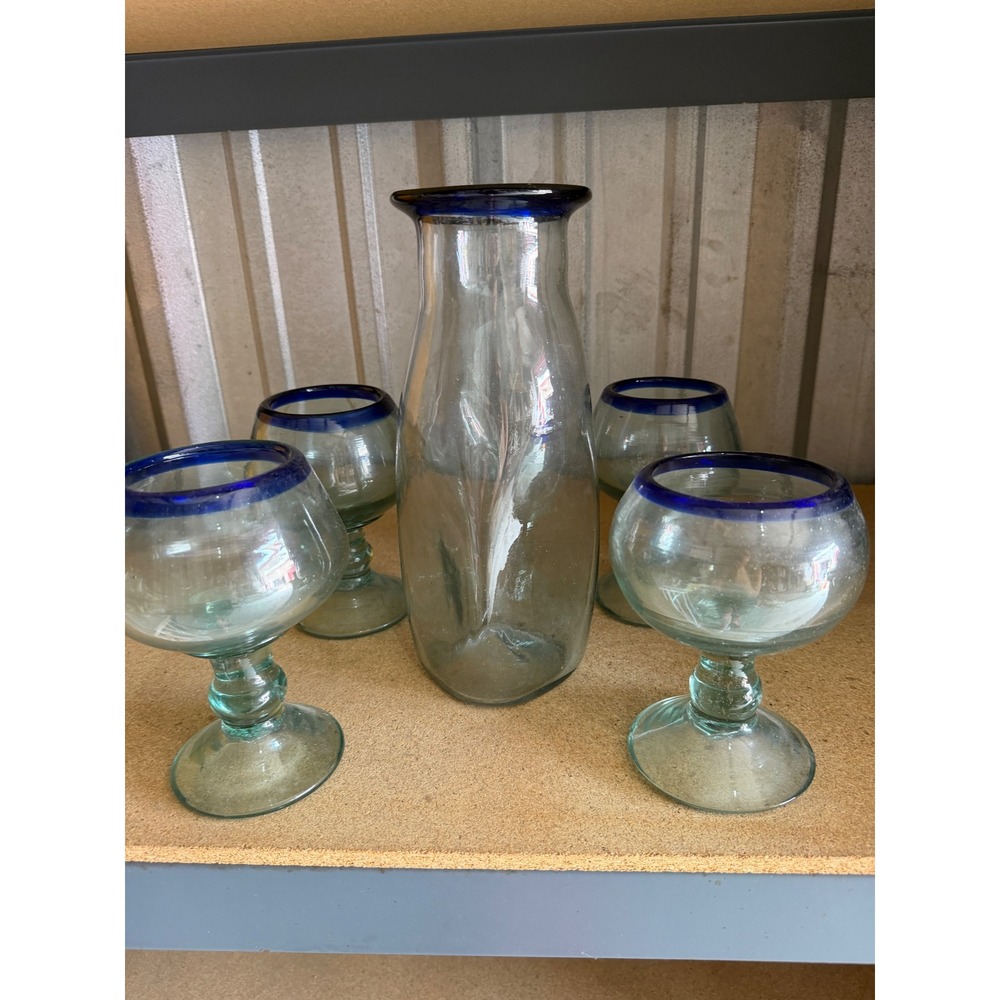 Mexican Hand Blown Glass Set 5pc Cobalt Blue Rim Pitcher and 4 Margarita Glasses